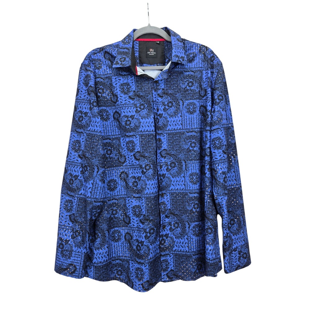 DE-NIKO Milano Mens Button Down Shirt XL Patchwork‎ Flora Paisley Party Blue